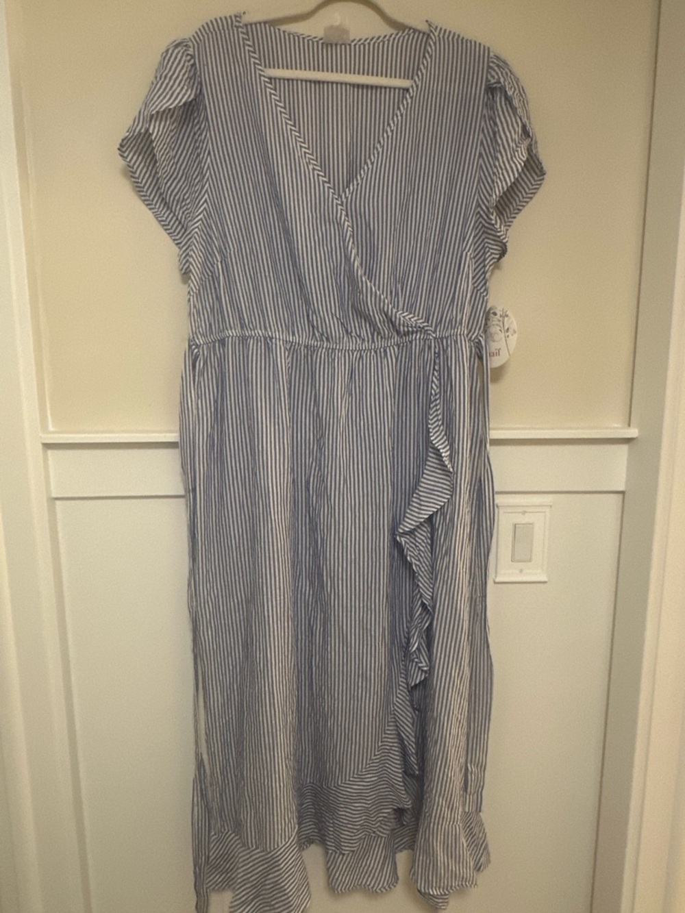 NAIF Blue & White Striped Wrap Midi Dress, with Ruffle Accent & Tie